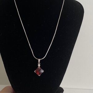 14K White Gold Snake Chain and Faceted Garnet Pendant Necklace